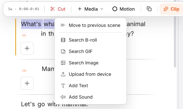 The Add Media menu showing Search B-roll, Search GIF, Search Image, Upload, Add Text and Add Sound