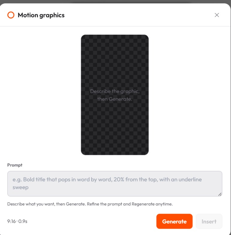 The Motion graphics dialog with a prompt field and a Generate button