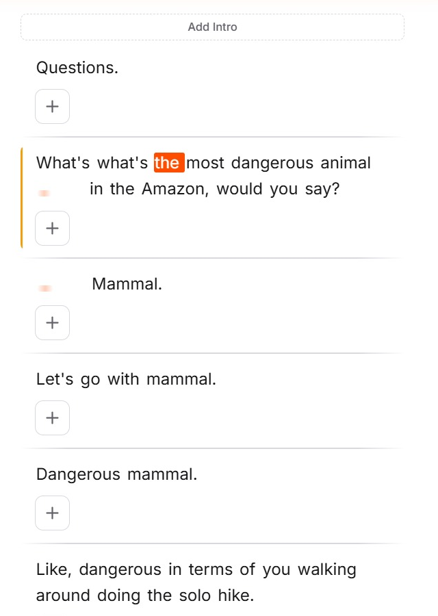 Transcript split into many tiny one-line blocks